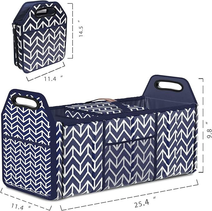 Orionstar Trunk Organizer, Foldable Car Storage Bag Portable Insulation Cooler Bag Collapsible Vehicle Organizer Divider Storage Totes with 3 Compartment Cargo Tote for Groceries Caddy SUV, Navy Blue