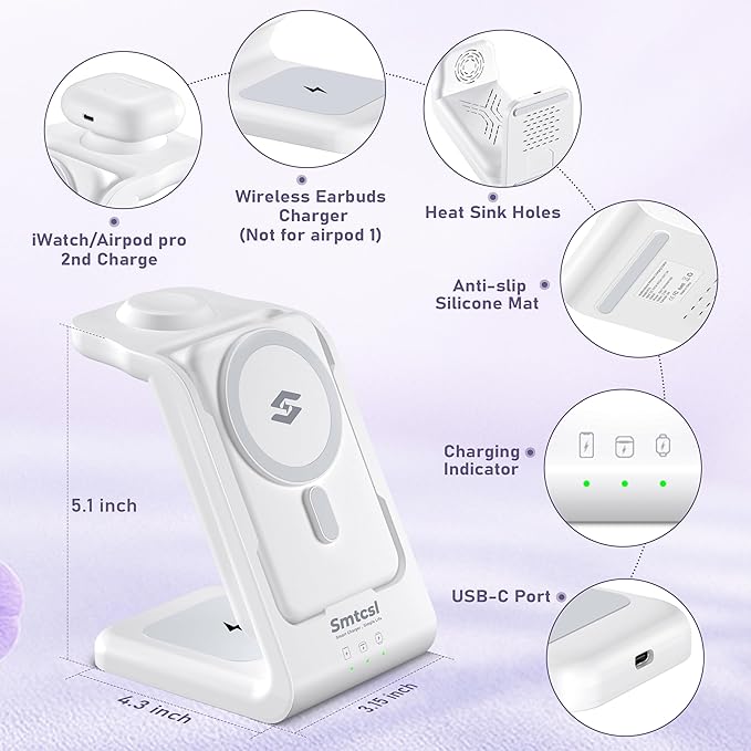 Smtcsl 3 in 1 Wireless Charging Station: 10000mAh Removable Power Bank Charger Stand for Phone/Watch/Air Pods - Portable Magnetic Battery Pack for Air 17 16 15 14 13 12 Series White