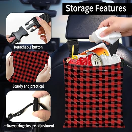 Car Trash Bag Large Hanging Can for Back of Seat, Cute Waterproof Car Garbage Bag for Vehicle, Travelling, Outdoor Black Red Plaid