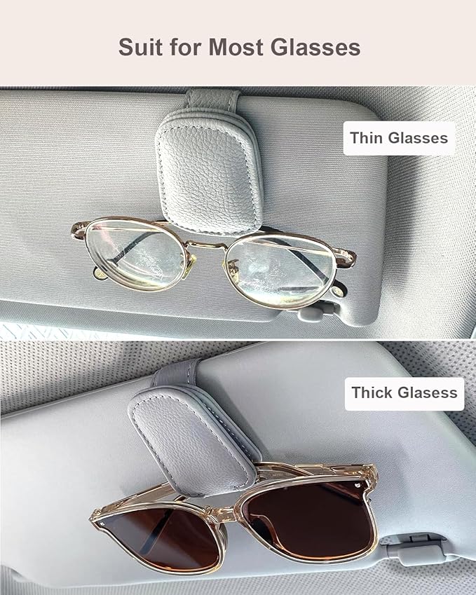 Car Visor Sunglasses Holder, 2 Pack Grey Strong Magnetic Leather Eye Glasses Hanger Clip, Auto Car Truck Sun Visor Accessories