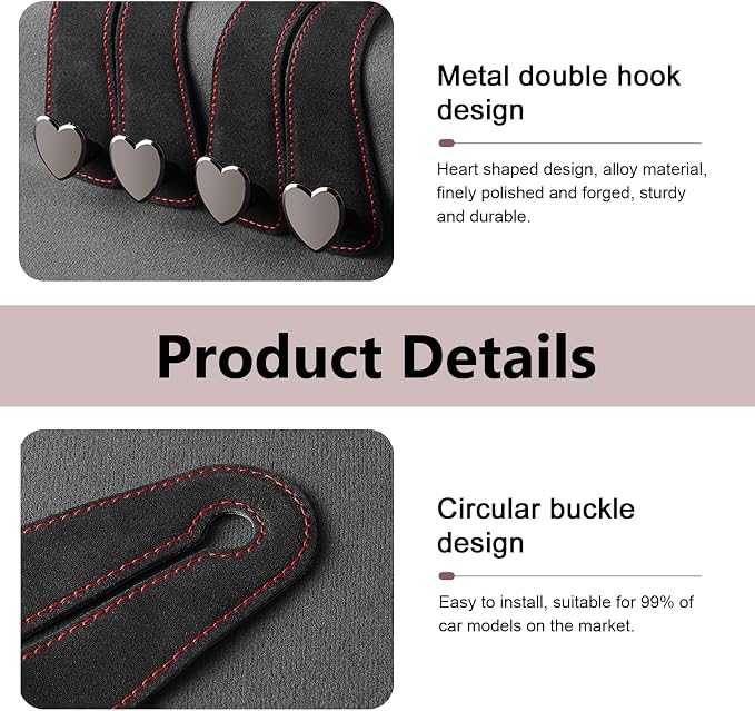 2 PCS Car Seat Backpack Hooks, Alloy High Load-bearing Seat Headrest Double Hooks, 2-in-1 Multifunctional Storage Hangers Phone Holder, Universal for Most Cars (Black)