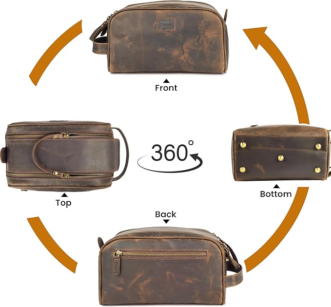 LEATHER VILLAGE Genuine Leather Toiletry Travel Bag With Waterproof Lining - Brown | King-Size Handcrafted Vintage Dopp Kit Bag, Shaving & Bathroom Organizer, Gift for Men & Women