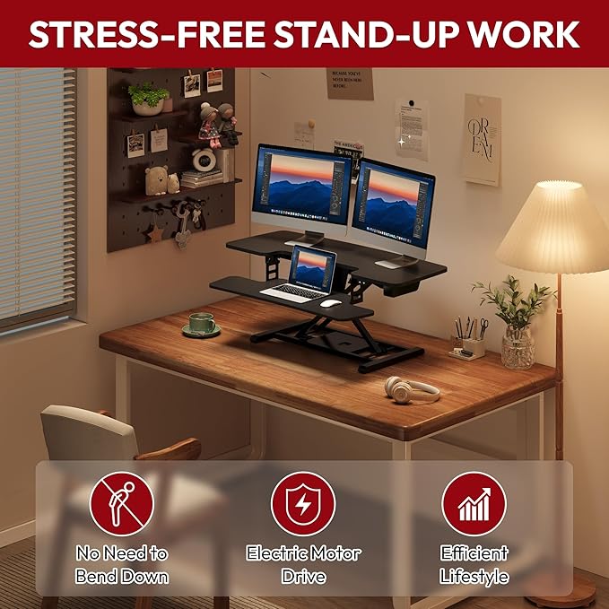 SANODESK 42" Electric Standing Desk Converter, Height Adjustable Riser for Office Home,Dual Monitor and Laptop Workstation with Large Keyboard Tray, Black Color