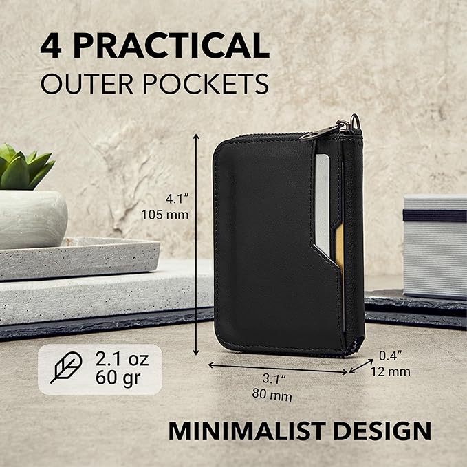 Vaultskin NOTTING HILL Minimalist Leather Zipper Wallet for Women and Men: Slim Multi Cardholder with RFID Blocking and Keychain Ring