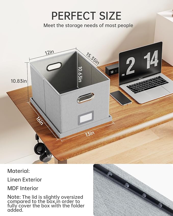 Oterri 2 Pack File Storage Organizer, Filing Box, Portable File Box with Lid, Fit for Letter/Legal File Folder Storage, Document Organizer, Gray-White