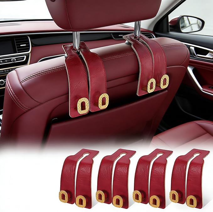 Car Headrest Hooks Universal Car Purse Twin Hook Premium Red Leather and Golden Alloy Seat Back Storage Hanger for Purse Bags Cloth Drink Durable Holder Automotive Accessories