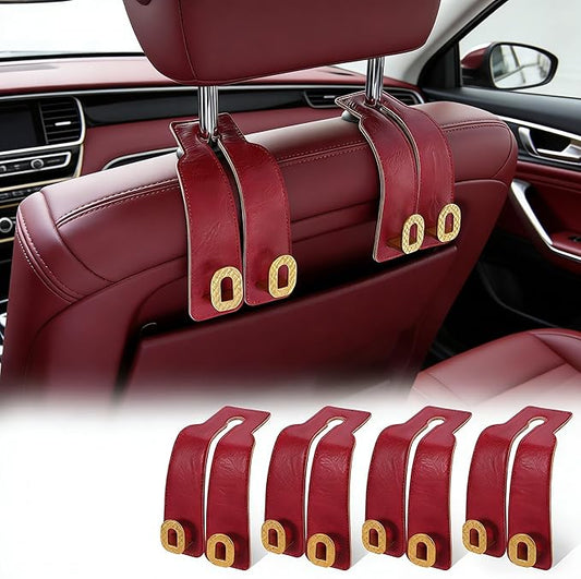 Car Headrest Hooks Universal Car Purse Twin Hook Premium Red Leather and Golden Alloy Seat Back Storage Hanger for Purse Bags Cloth Drink Durable Holder Automotive Accessories