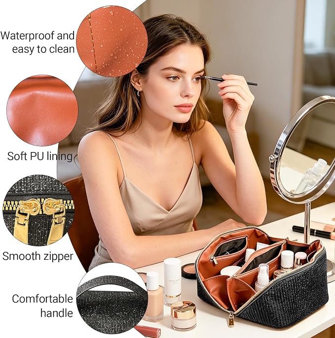 Travel Makeup Bag with Compartments & Organizers – Flat Open Cosmetic Pouch for Women, Purse-Style Design for Traveling, Perfect for Toiletries & Cosmetics Black