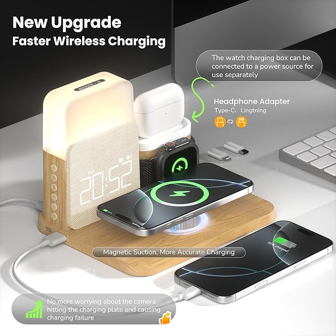 Alarm Clock Charging Station for Bedrooms, 7 in 1 Wireless Charging Station, Magnetic Charger with Night Light Bedside Clock for iPhone 17 16 15 14 13 12 Pro Max, Apple Watch, AirPods (Wood)