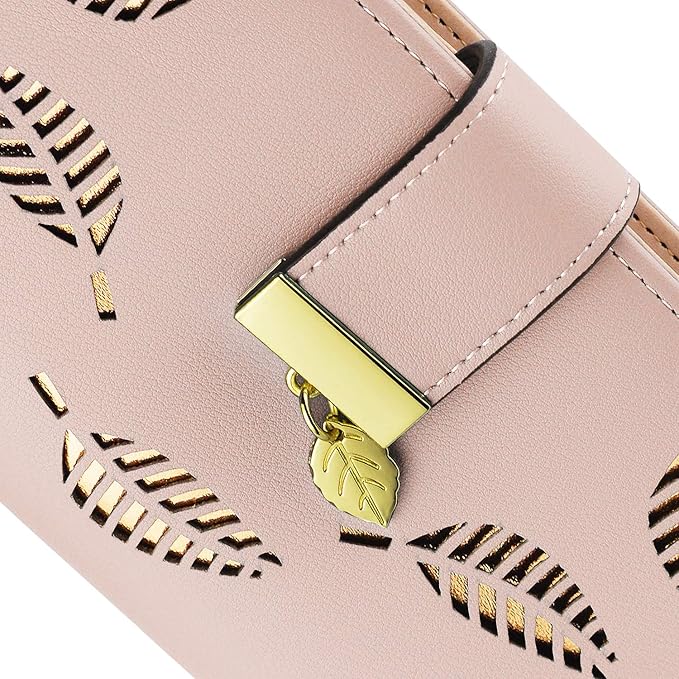 PGXT Women's Wallet Women Credit Card Holder Hollow Leaf Pattern Bifold Leather Lady Long Wallet Purse Zip Birthday Xmas Gifts for Women Girls(Pink)