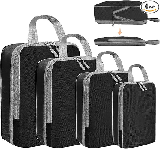 4 Set Compression Packing Cubes for Suitcase - Space-Saving Luggage Organizer Bags, Lightweight Travel Essentials for Efficient Packing (Black)