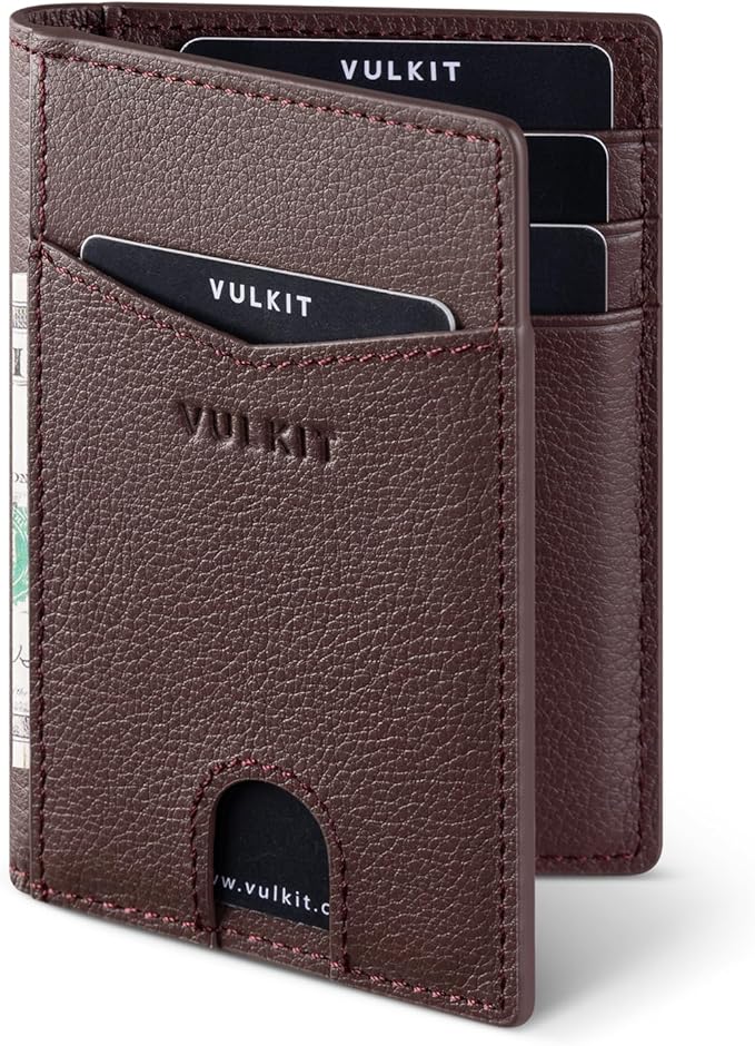 VULKIT Bifold Front Pocket Slim Wallet RFID Blocking Minimalist Thin Genuine Leather Credit Card Holder Wallet for Men and Women Litchi Espresso