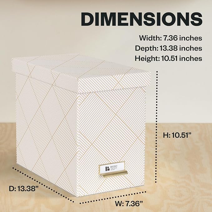 Bigso John Fiberboard Label Frame Desktop File Storage Box - Document Organizer for Important Paperwork - Durable Hanging File Box with Lid & Metal Label Window - 7.36 x 13.38 x 10.51in - Gold Squares