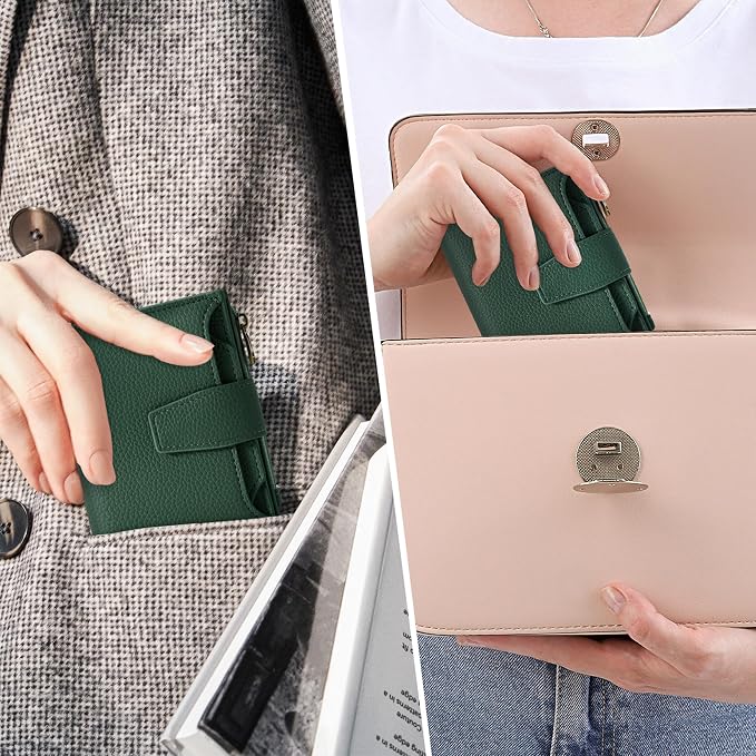 Airkit Small Wallet Women RFID Blocking Soft Leather Bifold Compact Card Holder Wallet for Women with Zipper Coin Pocket 4 ID Window