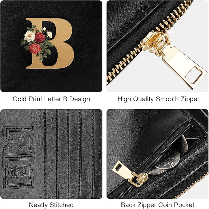 Passport Holder Cover Wallet with Zipper Personalized Initial Letter B Rose Flower RFID Blocking Travel Wallets Credit Cards Holder for Women, Gift for Wife and Girlfriend,B