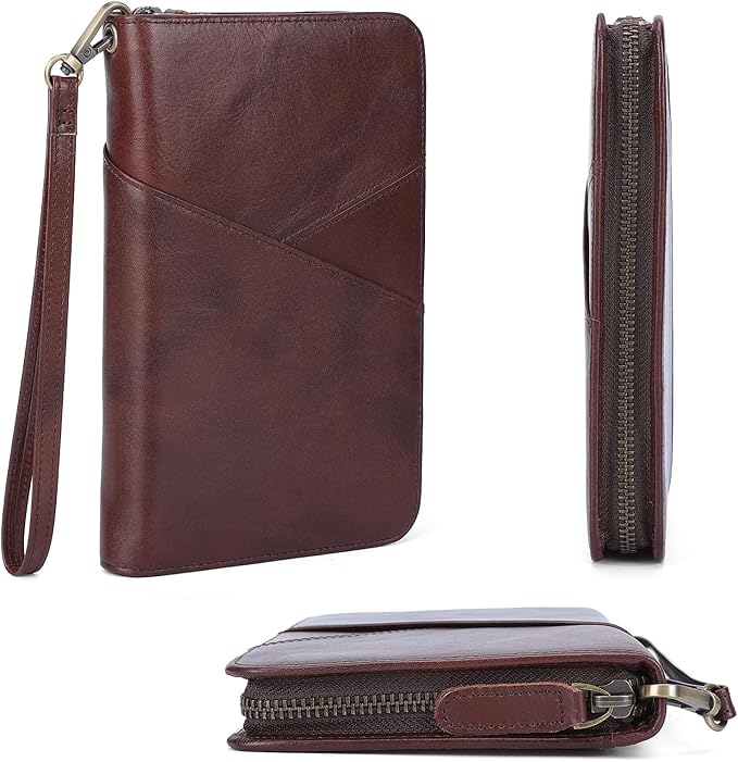 Polare Full Grain Leather Passport Holder With YKK Zipper RFID Blocking Travel Document Organizer Ticket Holder Cover Case Holds 2 Passports (Coffee)