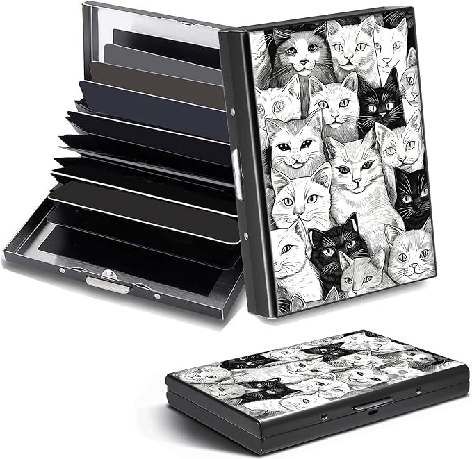 Credit Card Holder, Black White Art Cat Design Mini RFID Blocking Aluminum Wallet Slim Metal Hard Case Shell Travel Wallet ID Case Small Credit Cards Case Business Cards for Women Men Girls