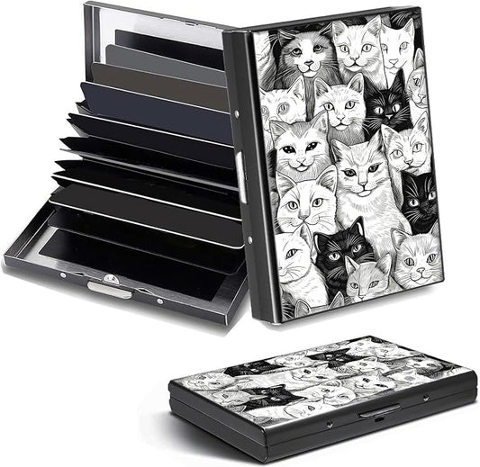 Credit Card Holder, Black White Art Cat Design Mini RFID Blocking Aluminum Wallet Slim Metal Hard Case Shell Travel Wallet ID Case Small Credit Cards Case Business Cards for Women Men Girls