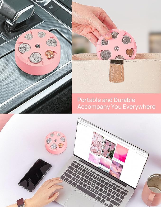 JOYTUTUS Universal Coin Holder, Large Capacity Coin Holder for Car, Portable Car Change Holder Coin Organizer, Car Trucks Accessories, Coin Sorter for Car & Wallet & Pocket,Pink