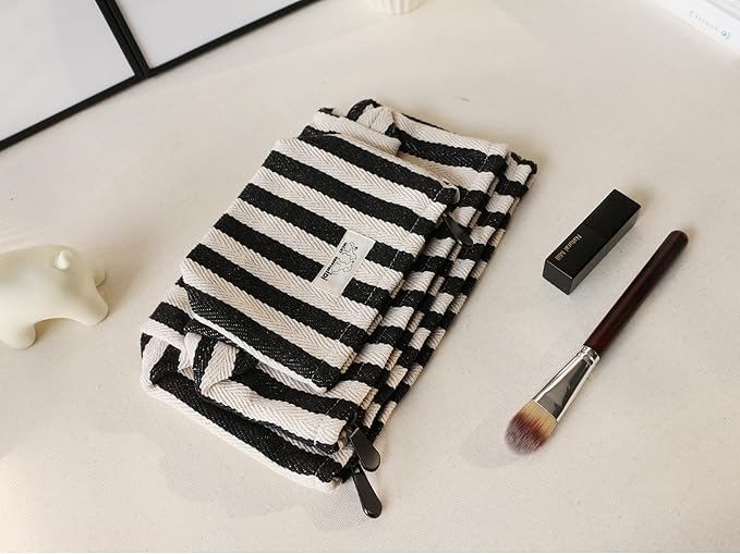 HAPPYHEIDI Black White Stripe Makeup Bag Set 3 with Compartment Cosmetic Toiletry Travel Pouch,Purse Accessory Organizer, 3-Size, Canvas Lined