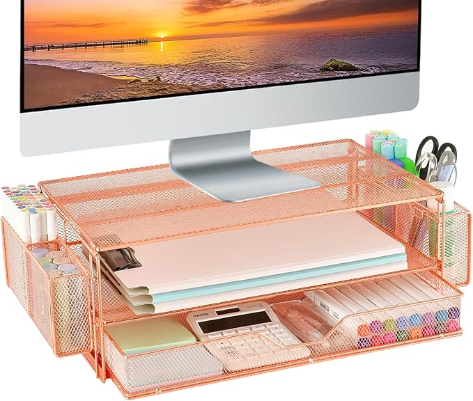 AUPSEN Computer Monitor Stands Riserï¼?-Tier Desk Organizers and Accessories, Office Desk Accessories Organizer with Drawers and 2 Pen Holder for Office Supplies (Rose Gold)