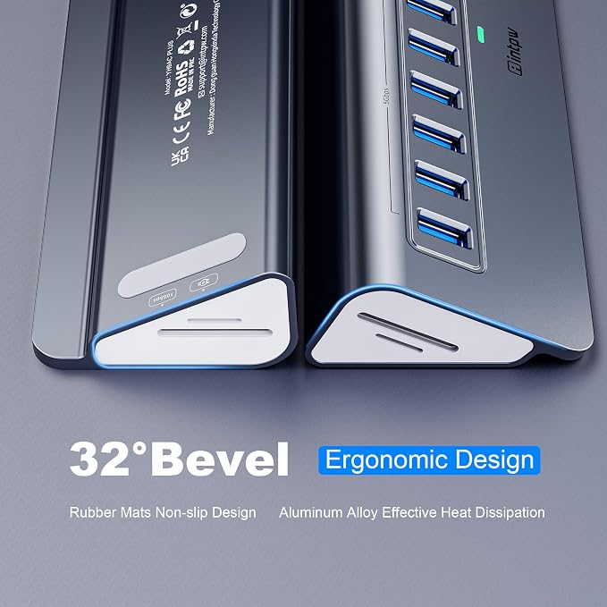 Powered USB Hub 10Gbps, Intpw YH9AC Plus 13 Port USB 3.2 Hub(USB A/USB C 3.2+6 USB-A 3.0+2 PD 45W Fast Charging Port+SD/TF Card Reader), 65W Power Adapter,Aluminum USB HUB for PC,Laptop,iPhone 17/16