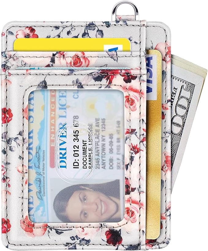 Coco Rossi Slim Front Pocket Wallet RFID ID Card Holder Cute Small Wallet with Keychian for Women,Grey Flowers