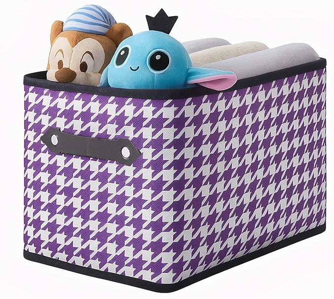 1 Pack Large Collapsible Storage Baskets for Shelves,14.9"x9.5" Fabric Closet storage Boxes with Leather Handles,Decorative Organizers Storage Bins for Clothes,Sheets,Books,(Purple Houndstooth