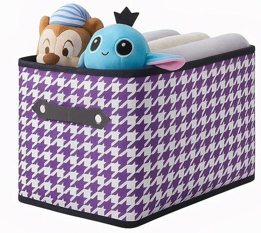 1 Pack Large Collapsible Storage Baskets for Shelves,14.9"x9.5" Fabric Closet storage Boxes with Leather Handles,Decorative Organizers Storage Bins for Clothes,Sheets,Books,(Purple Houndstooth