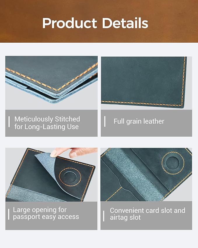 Passport Holder for Travel, Genuine Leather Passport Wallet Cover Case with Airtag Slot, RFID Blocking, for Women Men, Travel Essentials Gift, Blue