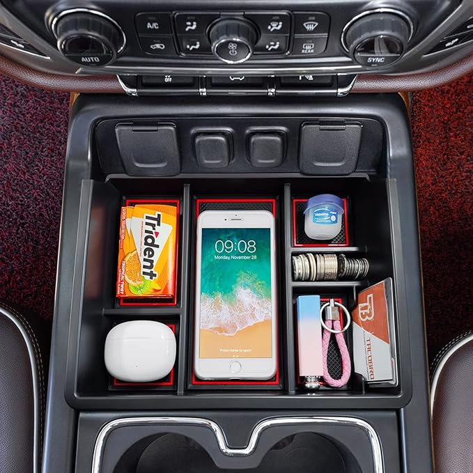 TACOBRO Full Center Console Organizer Compatible with 2014-2018 Sierra 1500 /Silverado 1500 Accessories 2015-2019 Silverado/Sierra 2500 3500HD Compartment Cover Insert Tray Storage, Red