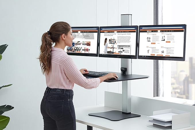 Victor DC475 High Rise Electric Triple Monitor Standing Desk Converter | Three Large Monitor Sit-Stand Desk | 28??Wide Work Surface | Compatible with Any Standard Desk | Adjustable Monitor Holder
