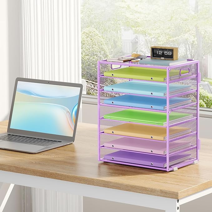 Paper Organizer with Handle Metal Mesh File Sorter for Desk Organizers Paper Letter Tray Desktop Document Sorter for Office or School 2 Pack 8 Tier Purple Desk Storage