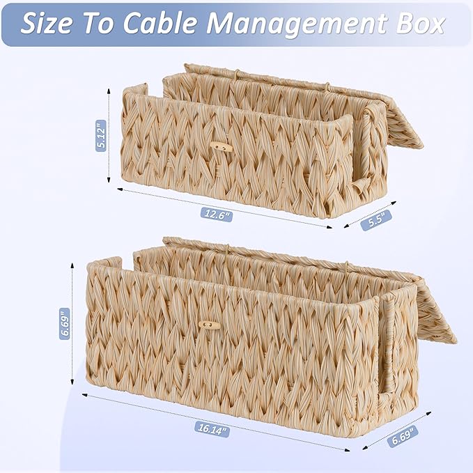 efluky 2 Pack Plastic Cable Management Boxes, Hand-Woven Cord Organizer Box with Lid, 2 Open Slots Cable Organizer Basket to Hide Power Strip and Charger for Home & Office and Dorm,Natural