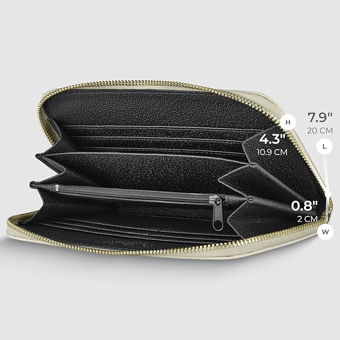 Italian Genuine Metallic Leather Wallet for Women with 3 Compartments & Zip Close | Small Rectangular Card Holder (Platinum)