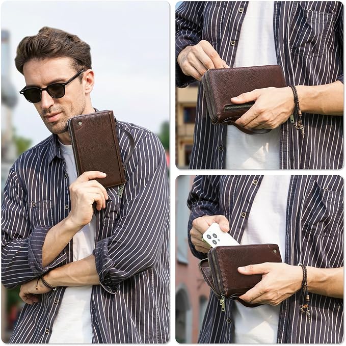 Top Grain Genuine Leather Zipper Clutch Wallet for Man & Woman, Handmade Vintage Design, Multi Slots & Side Pocket & Strap, RFID Large Capacity for Cards/Checks/Passports/Phone/Pen/AirTag, Red Coffee