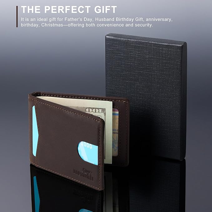 Slim Wallet for Men RFID Blocking, Genuine Leather Card Holder Minimalist Bifold, Front Pocket Wallets for Men with Money Clip Small Thin