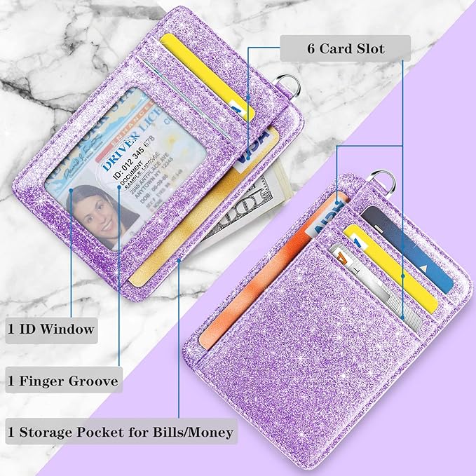 Coco Rossi Slim Front Pocket Wallet RFID ID Card Holder Cute Small Wallet with Keychian for Women,Purple Glitter