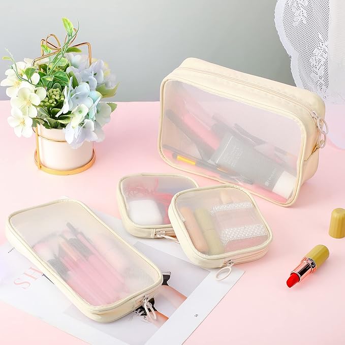 Weewooday 4 Pcs Mesh Makeup Bag Mesh Cosmetic Bag Travel Toiletry Pouch with Zipper Mini Makeup Cosmetic Purse for Daily Accessory(Small, Large, Medium,Beige)