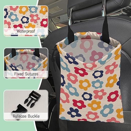 Groovy Flowers Car Garbage Bag,Waterproof Small Car Trash Bag Hanging Back of Seat,Drawstring Hanging Car Trash Bag with Adjustable Buckle for Car Accessories