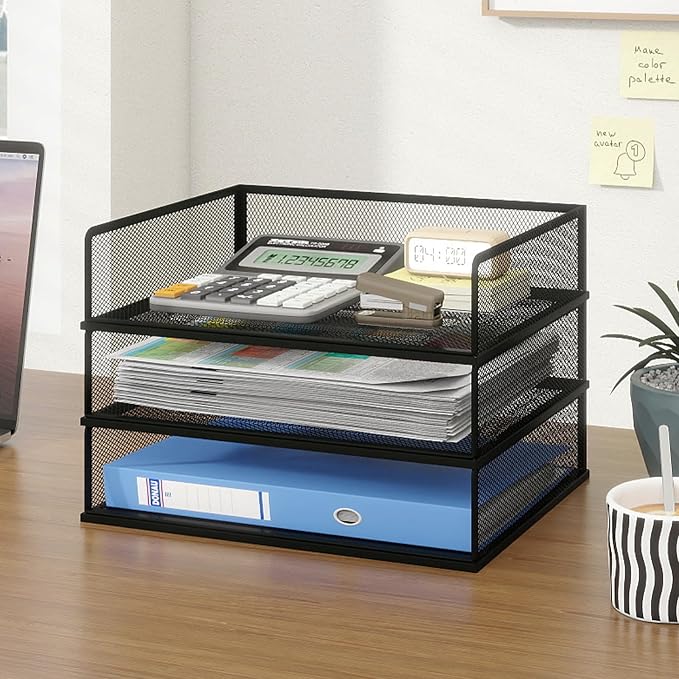 Natwind 3-Tier Stackable Metal Mesh Letter Paper Tray Organizer,Black | Desk Organizer For Paper,Document,Mail Tray For Office Supplies,File Holder For Home Office School Classroom Organization
