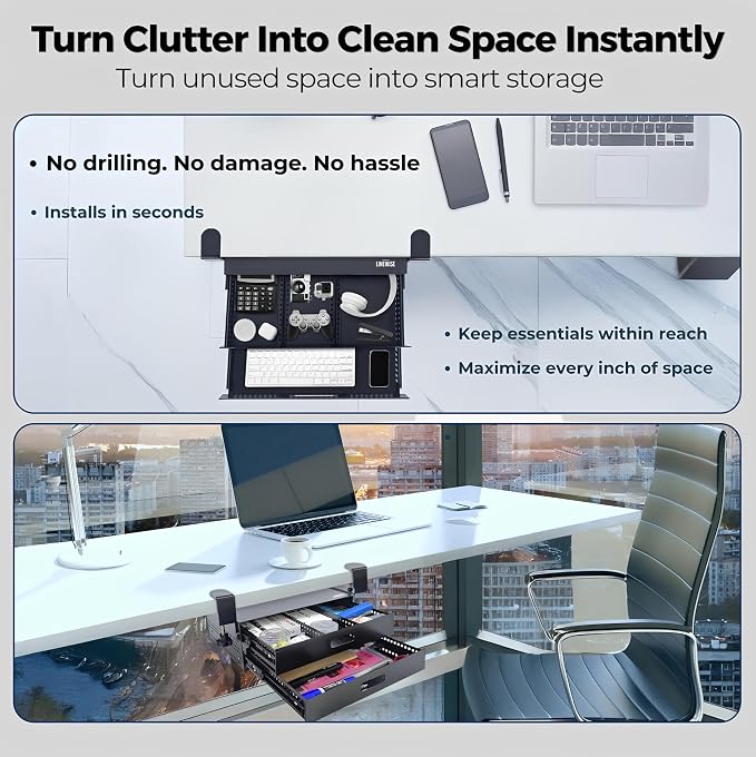 Under Desk Drawer – Clamp-On No-Drill Metal Organizer, Slide-Out Storage for Home & Office Desks