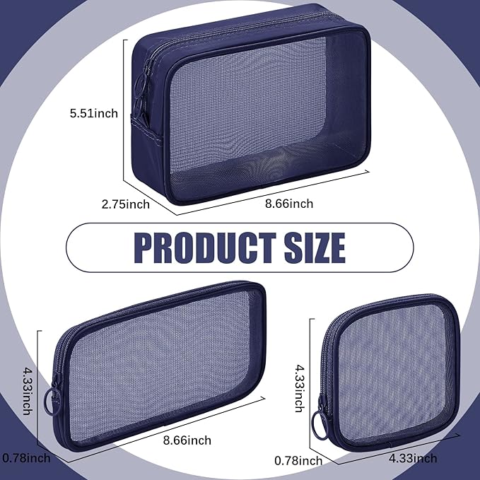 Weewooday 4 Pcs Mesh Makeup Bag Mesh Cosmetic Bag Travel Toiletry Pouch with Zipper Mini Makeup Cosmetic Purse for Daily Accessory(Small, Large, Medium,Navy Blue)