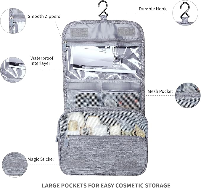 Large Capacity Toiletry Bag Travel Bag with Hanging Hook for Men and Women Waterproof Travel Cosmetic Bag Bathroom Storage Bag for Brushes Set,Full-Sized Shampoo,Toiletries,Accessories-Grey