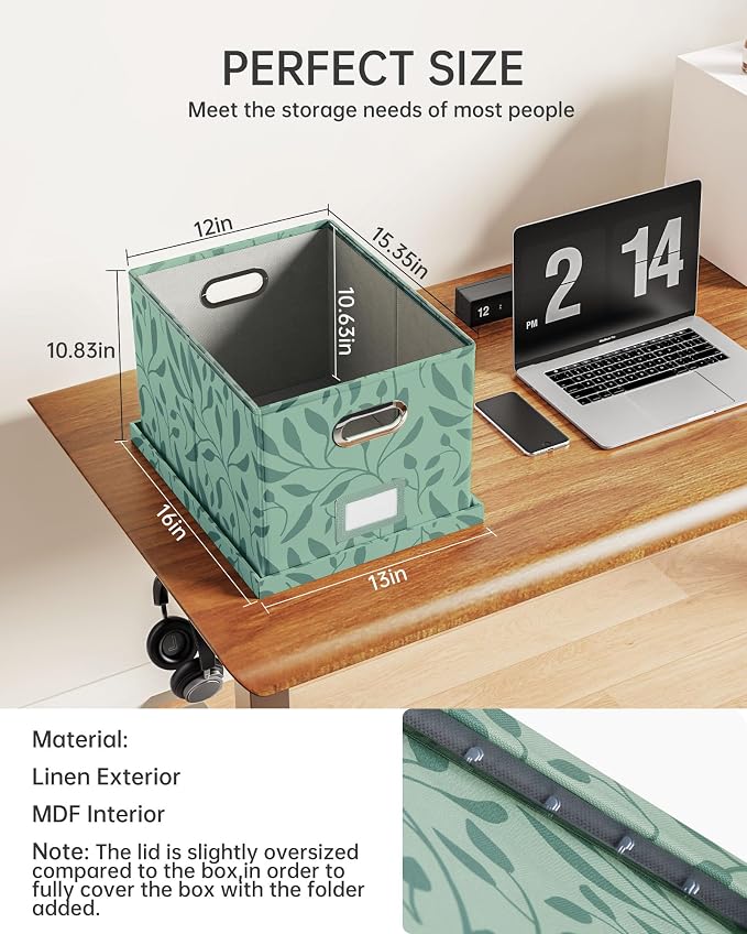 Oterri 2 Pack File Storage Organizer, Document Organizer, Portable File Box with Lid, Fit for Letter/Legal File Folder Storage,Leaf Green-Box only