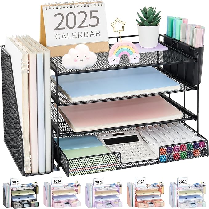 OPNICE Desk Organizer, 4-Tier Desktop File Organizer with Drawer and 2 Pen Holders, Office Desk Accessories, File Sorters, Workspace Organizers for Office Supplies(Black-2pack)