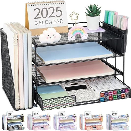 OPNICE Desk Organizer, 4-Tier Desktop File Organizer with Drawer and 2 Pen Holders, Office Desk Accessories, File Sorters, Workspace Organizers for Office Supplies(Black-2pack)