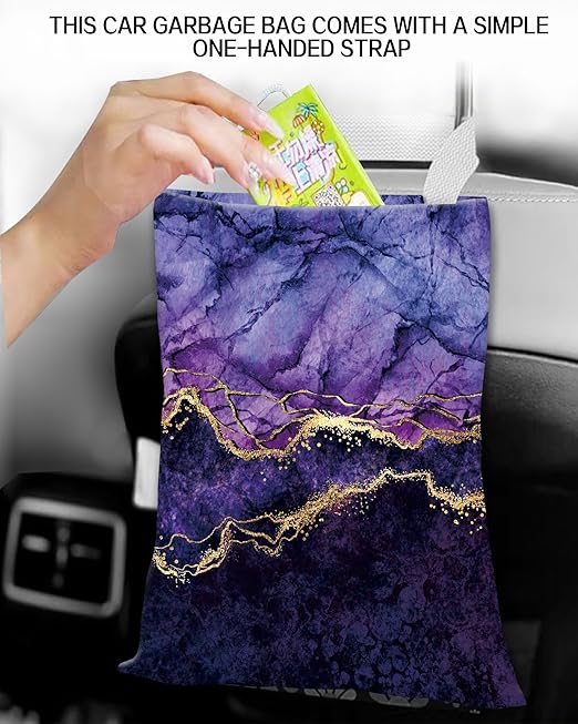 Car Garbage Can, Car Trash Bag, Car Garbage Bag, Hanging Car Trash Can for Car Accessories, Vehicle, Travelling, Camping, Cute Car Back Seat Organizer, Luxury Purple Marble