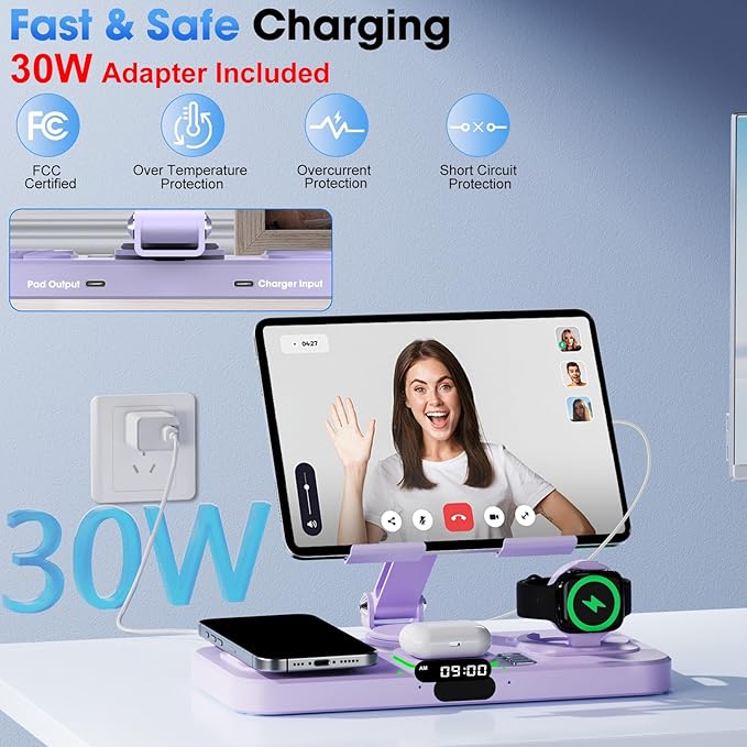 6 in 1 Wireless Charger for Apple Multiple Devices, Charging Station with Clock &7 Color Ambient Light, Foldable Rotate Stand for iPad, for iPhone17/16/15, Support for Apple Watch11/10 for AirPods4
