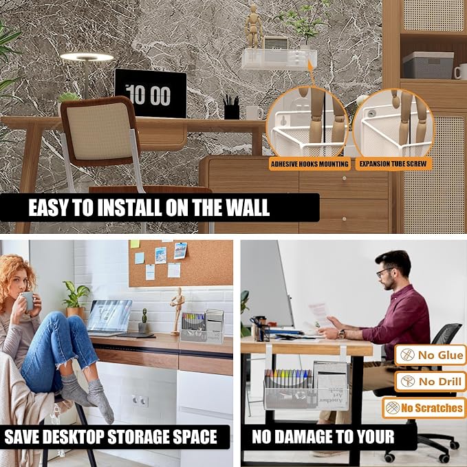 orbixa Under Desk Storage Organizer Clamp-On,Mesh Metal 3-IN-1 Desk side storage - Use on desk,under table or as a hanging wall organizer for office supplies & home& school essentials (white color)